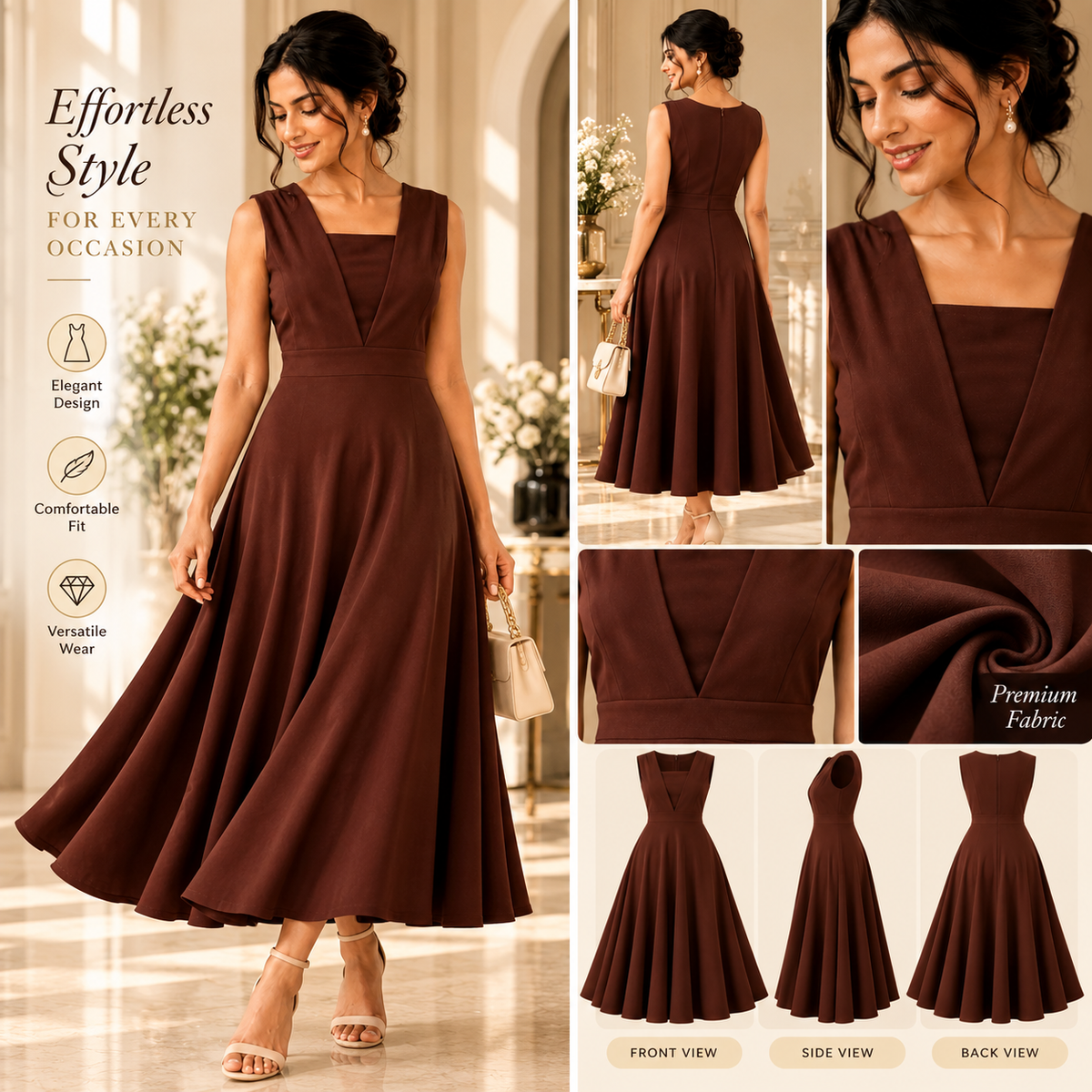 Women's 220 GSM Lycra Fit & Flare Midi Dress – Sleeveless Stretchable A-Line One Piece
