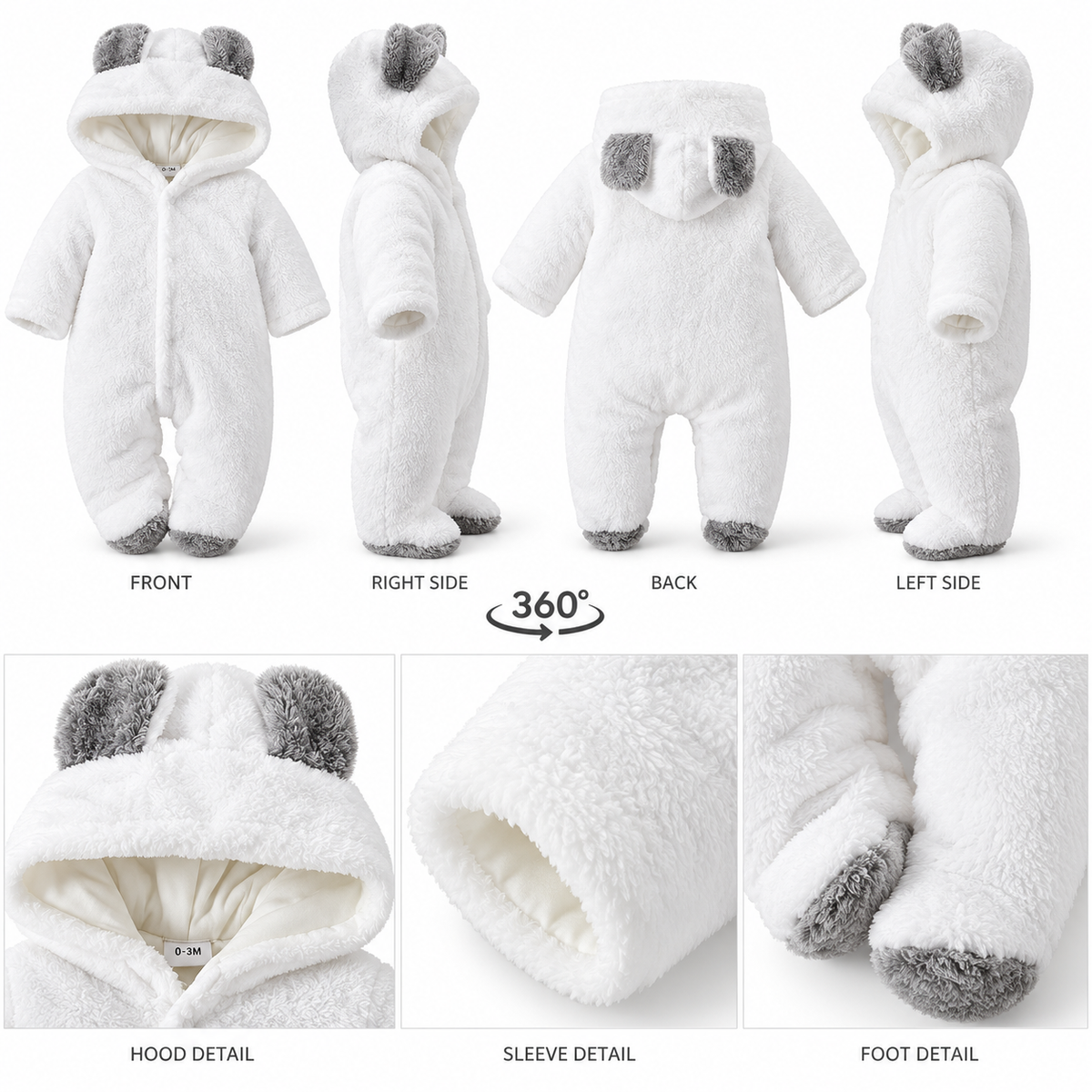 Unisex Baby Panda Style Reversible Flannel Hooded Romper – Beige Fleece Winter Jumpsuit