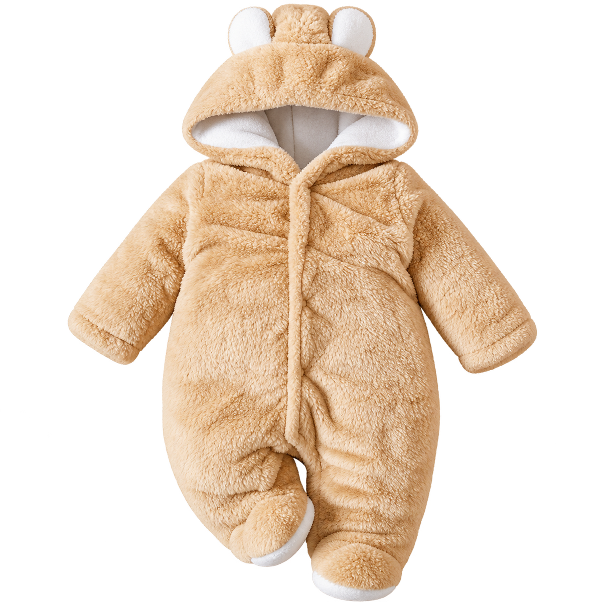 Unisex Baby Panda Style Reversible Flannel Hooded Romper – Beige Fleece Winter Jumpsuit