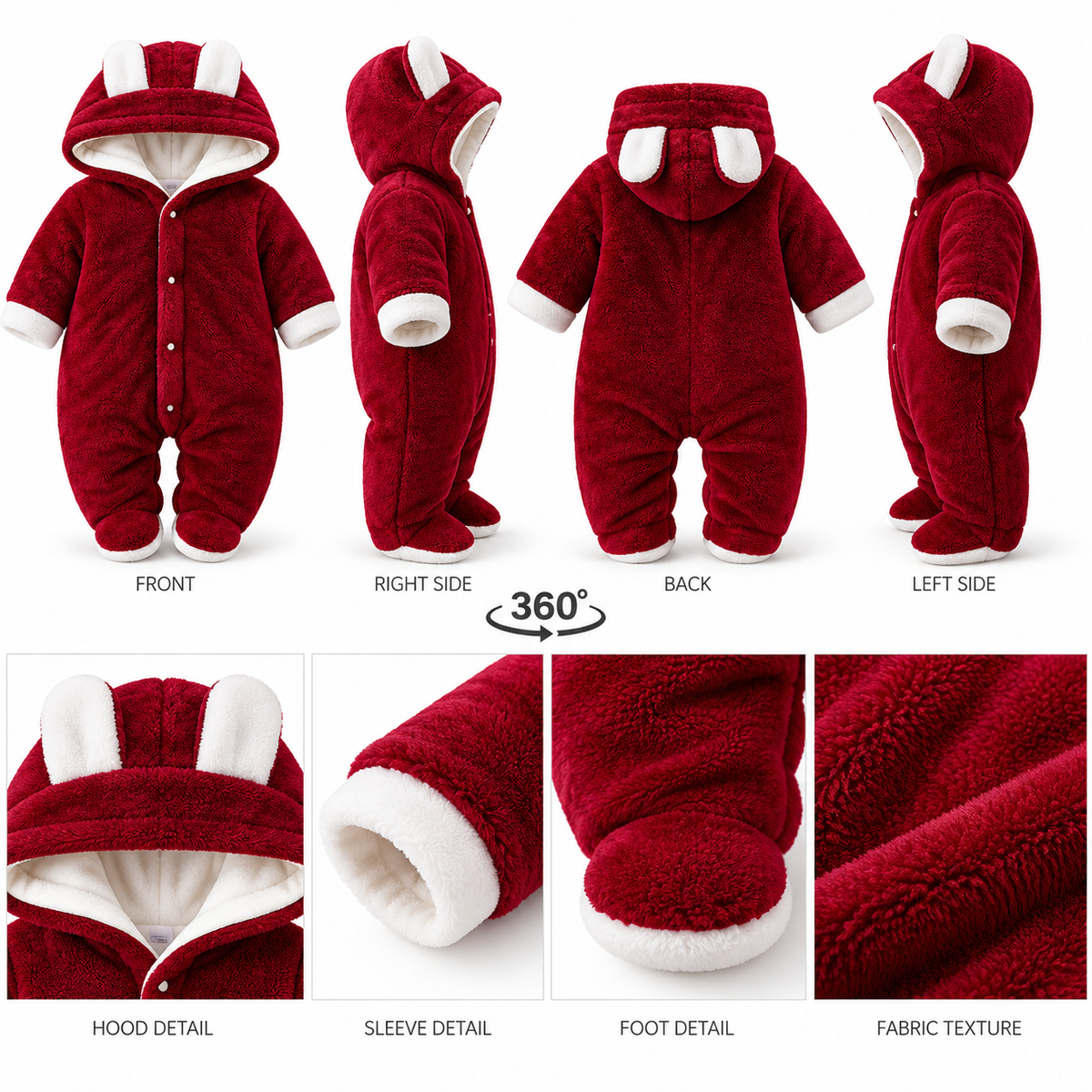 Unisex Baby Panda Style Reversible Flannel Hooded Romper – Beige Fleece Winter Jumpsuit
