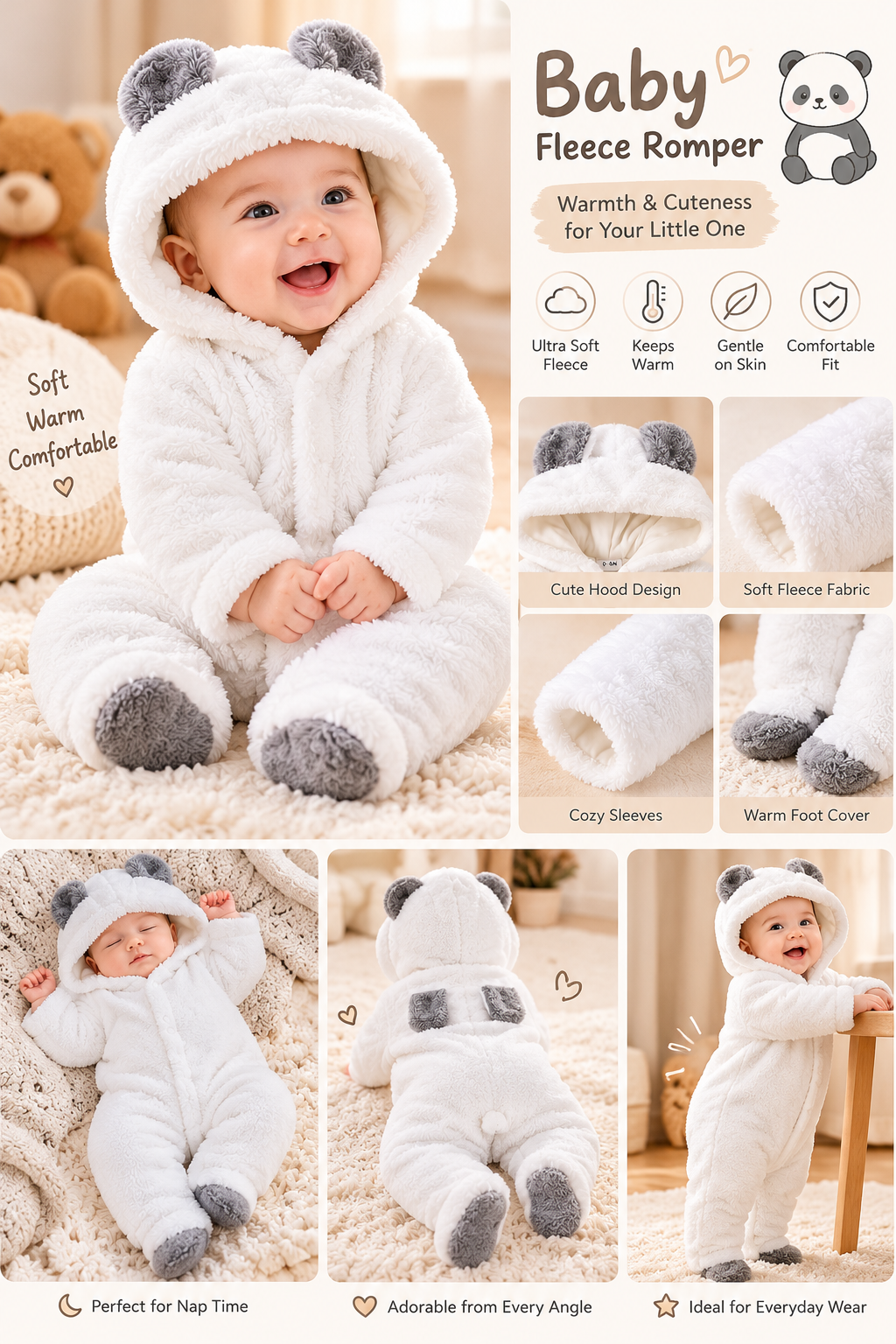 Unisex Baby Panda Style Reversible Flannel Hooded Romper – Beige Fleece Winter Jumpsuit