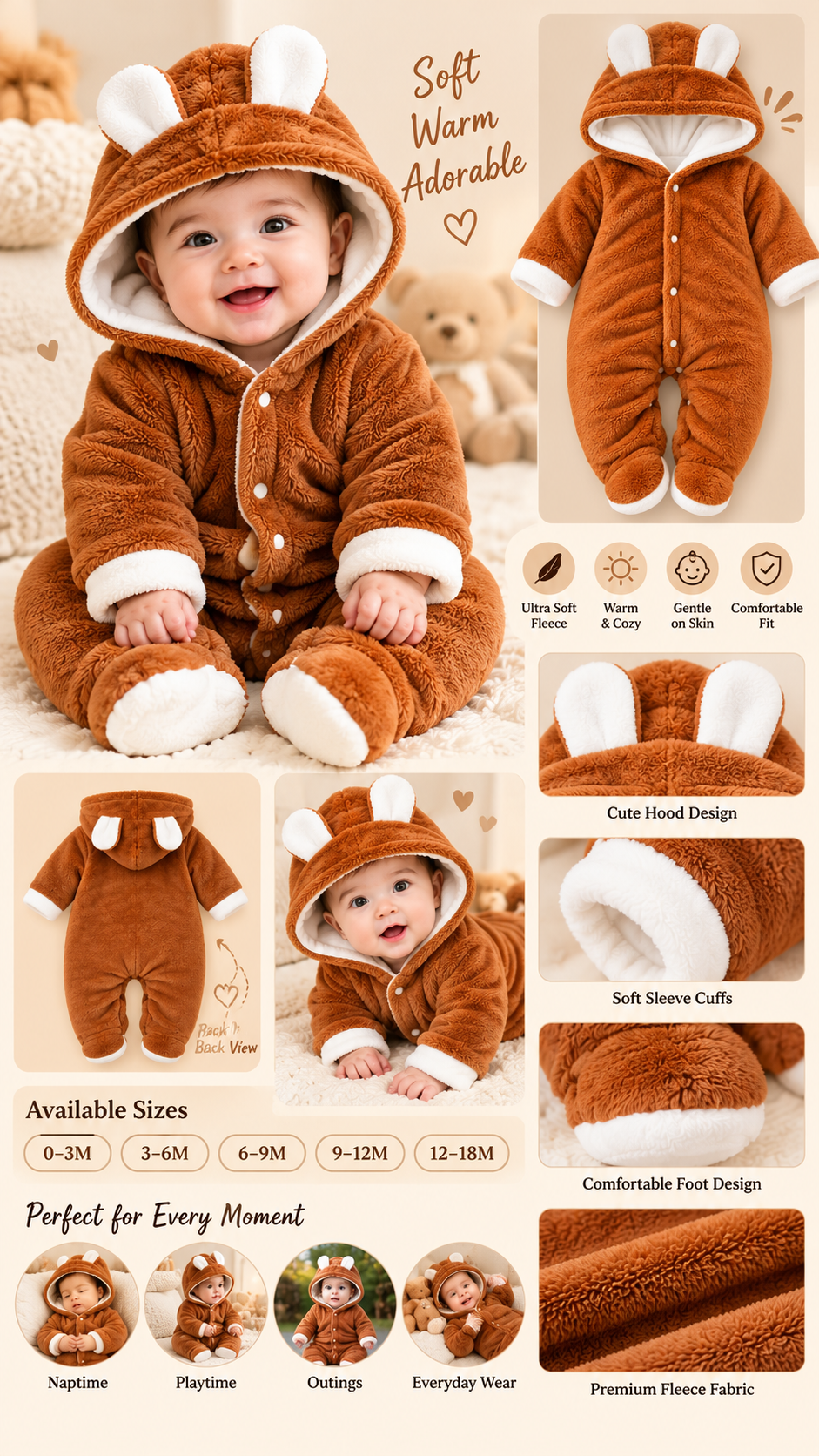 Unisex Baby Panda Style Reversible Flannel Hooded Romper – Beige Fleece Winter Jumpsuit