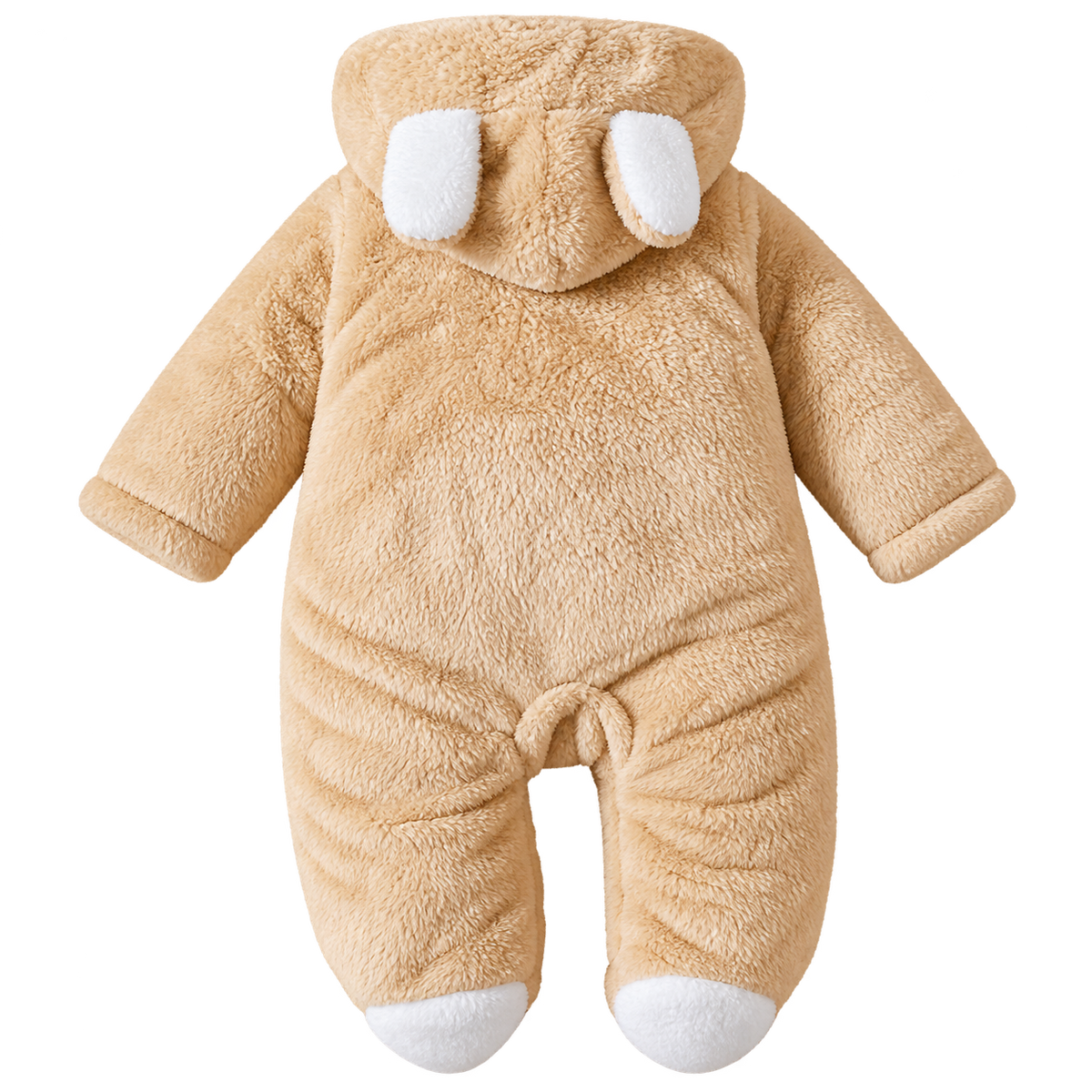 Unisex Baby Panda Style Reversible Flannel Hooded Romper – Beige Fleece Winter Jumpsuit