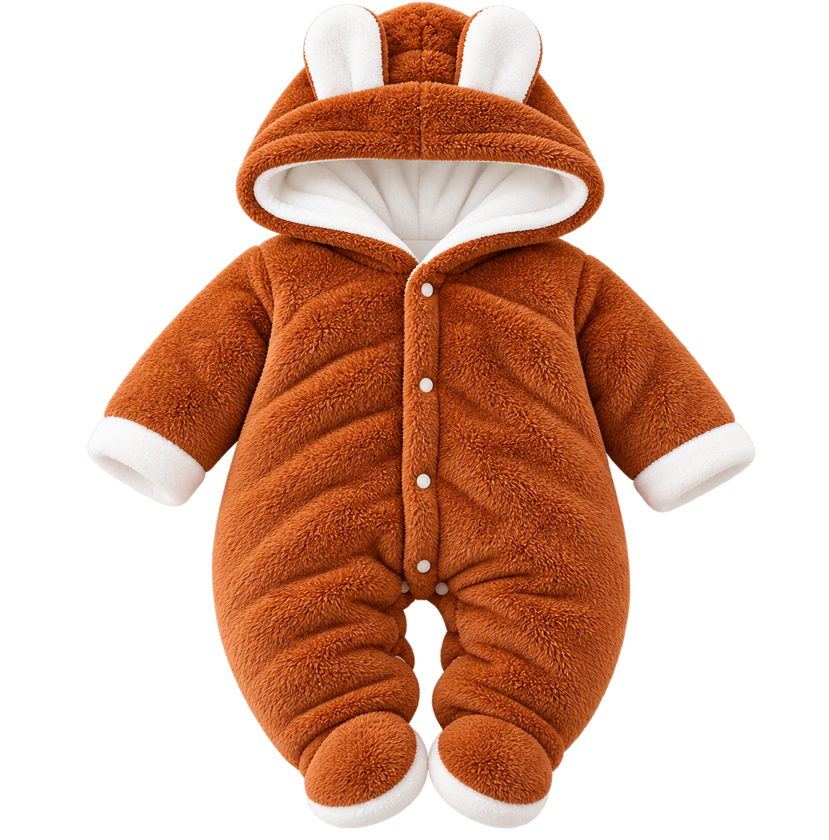 Unisex Baby Panda Style Reversible Flannel Hooded Romper – Beige Fleece Winter Jumpsuit