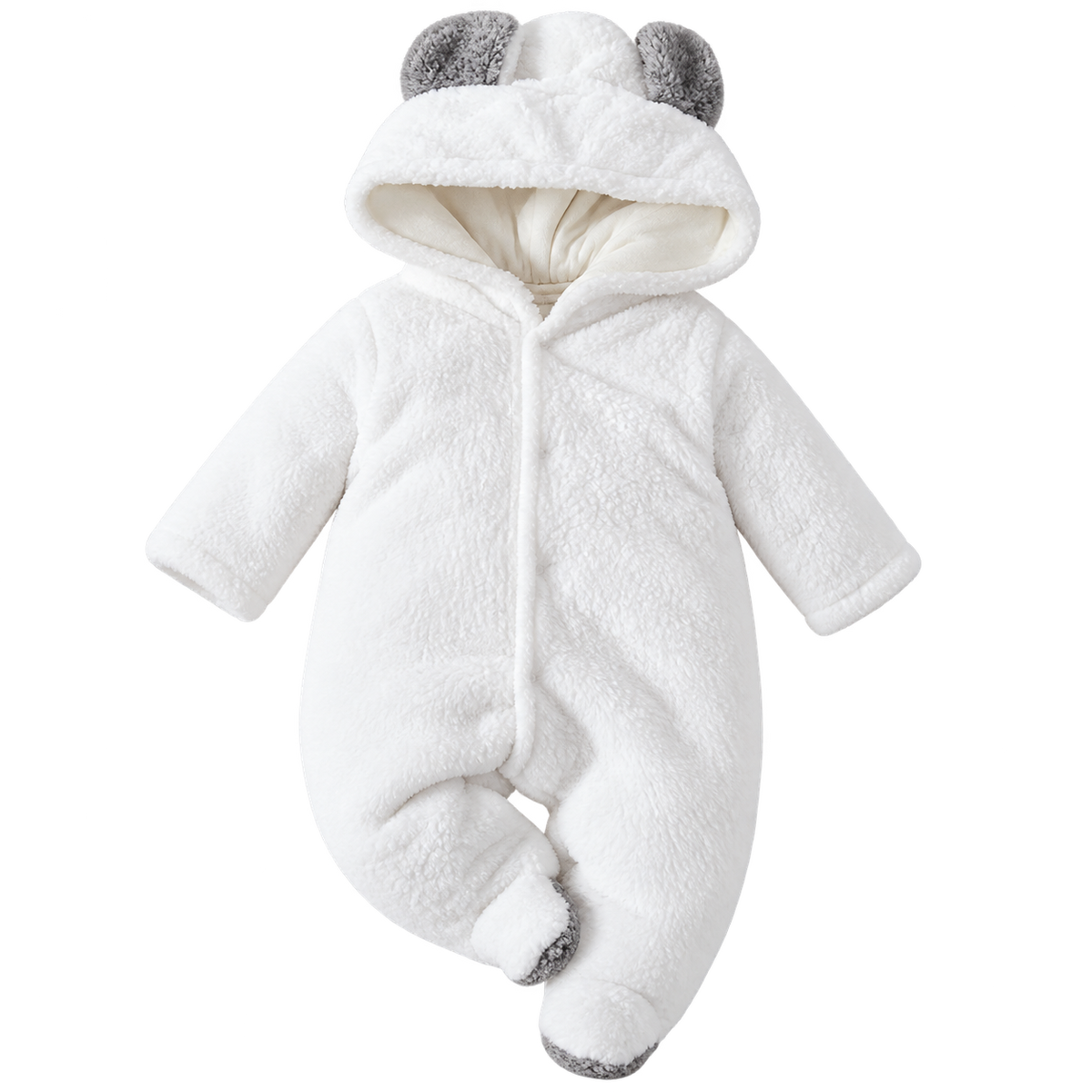 Unisex Baby Panda Style Reversible Flannel Hooded Romper – Beige Fleece Winter Jumpsuit