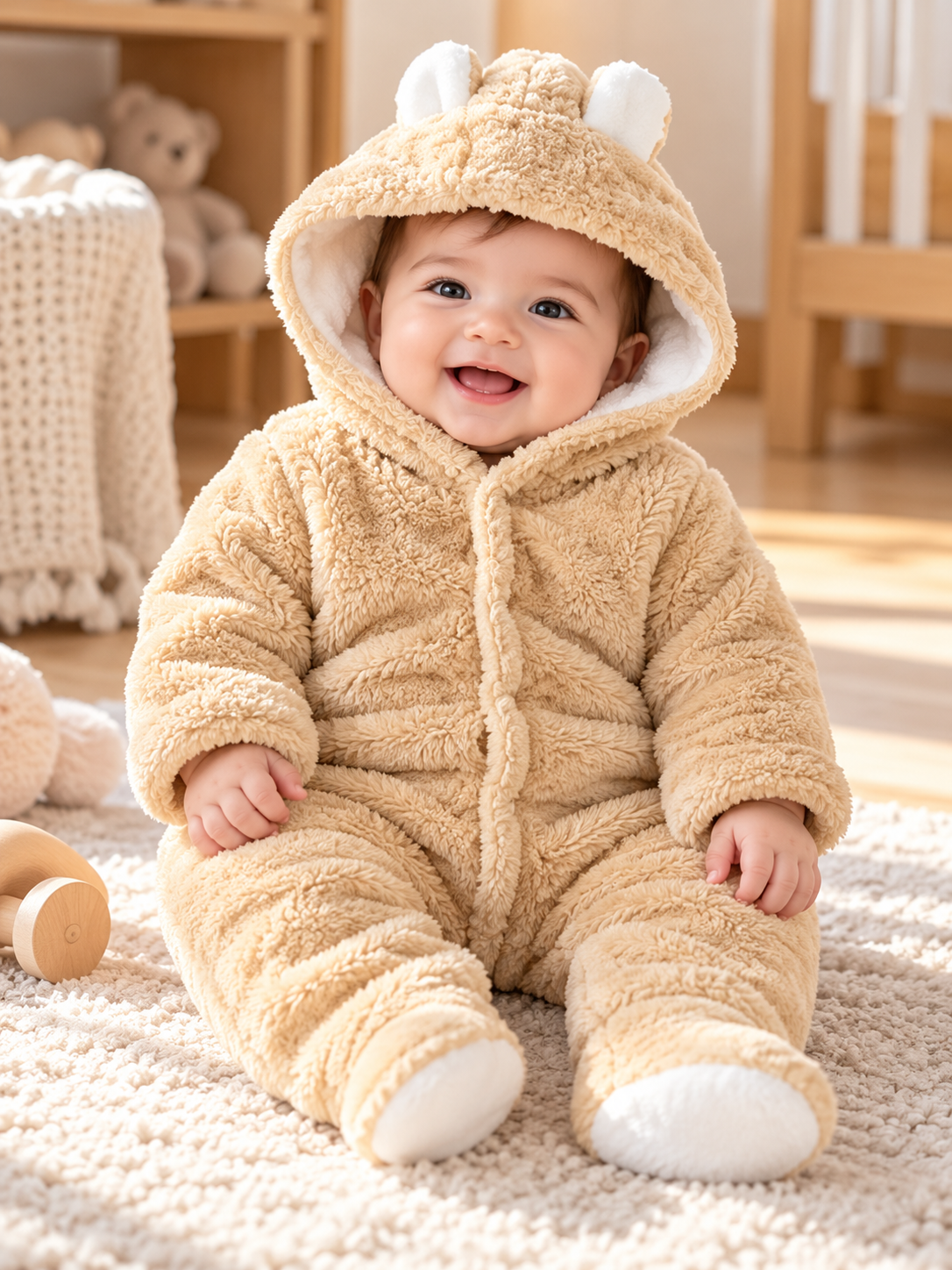 Unisex Baby Panda Style Reversible Flannel Hooded Romper – Beige Fleece Winter Jumpsuit