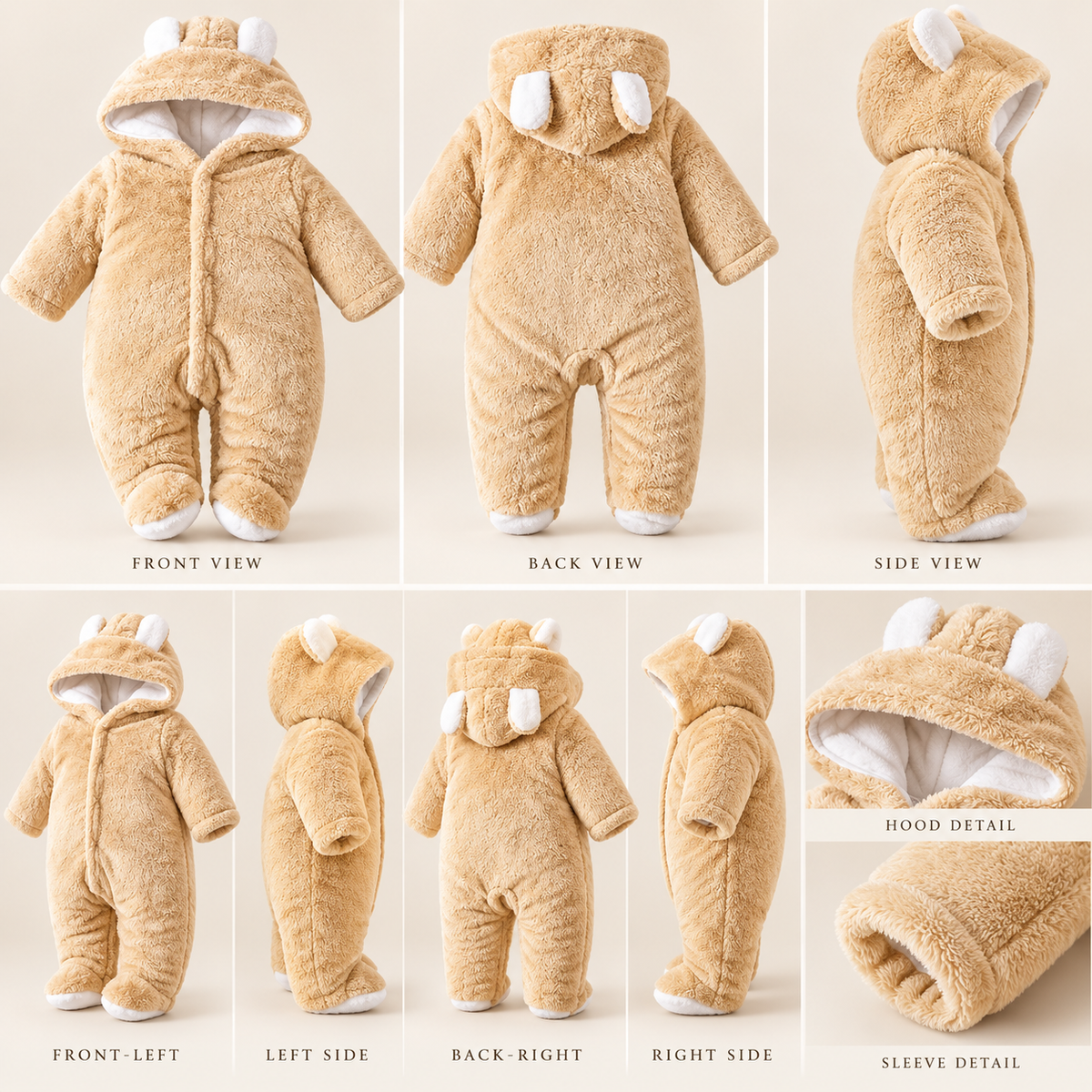 Unisex Baby Panda Style Reversible Flannel Hooded Romper – Beige Fleece Winter Jumpsuit